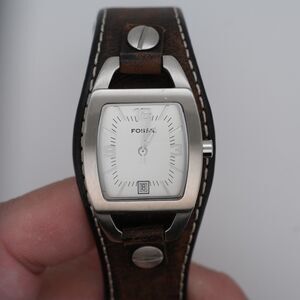 Fossil 25mm JR series Tonneau Silver Dial Date Watch Brown Leather Strap